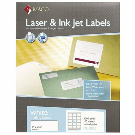 MACO ML3000 Laser / Inkjet 1'' x 2 5/8'' White Shipping and Address Labels, 3000PK 328MACML3000